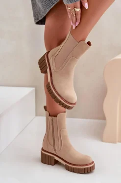 Czarne Botki|Botki Na Obcasie>Boto Botki Sztyblety Na Zamek Ocieplane Beżowe Linneviae