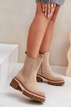Czarne Botki|Botki Na Obcasie>Boto Botki Sztyblety Na Zamek Ocieplane Beżowe Linneviae