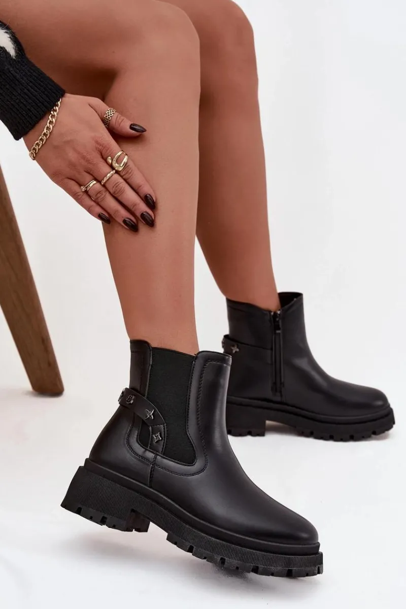 New Boto Botki Sztyblety Na Zamek Z Ozdobnymi Detalami Ocieplane Czarne Verisse