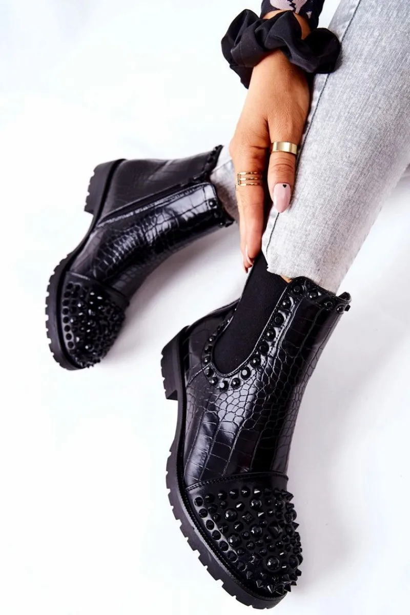 New Boto Botki Sztyblety Z Dżetami Czarne Monah