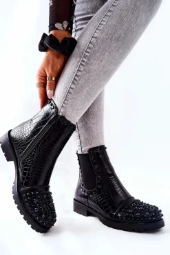 New Boto Botki Sztyblety Z Dżetami Czarne Monah