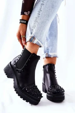 Outlet Botki Sztyblety Z Dżetami Czarne Comonis Damskie Botki Na Słupku|Czarne Botki