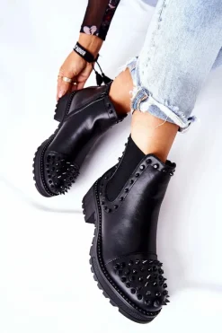 Outlet Botki Sztyblety Z Dżetami Czarne Comonis Damskie Botki Na Słupku|Czarne Botki