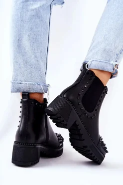 Outlet Botki Sztyblety Z Dżetami Czarne Comonis Damskie Botki Na Słupku|Czarne Botki