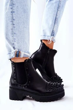 Outlet Botki Sztyblety Z Dżetami Czarne Comonis Damskie Botki Na Słupku|Czarne Botki