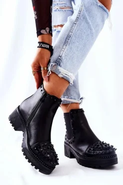 Outlet Botki Sztyblety Z Dżetami Czarne Comonis Damskie Botki Na Słupku|Czarne Botki