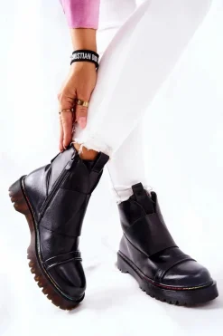 Czarne Botki|Botki Zimowe Damskie>Boto Botki Sztyblety Z Kolorowym Przeszyciem Czarne Milie