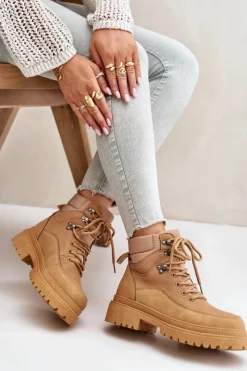 Boto Botki Trapery Damskie Sznurowane Camel Rabaria