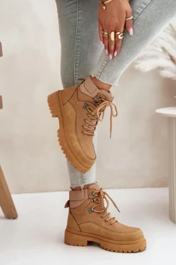 Boto Botki Trapery Damskie Sznurowane Camel Rabaria