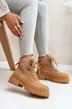 Boto Botki Trapery Damskie Sznurowane Camel Rabaria