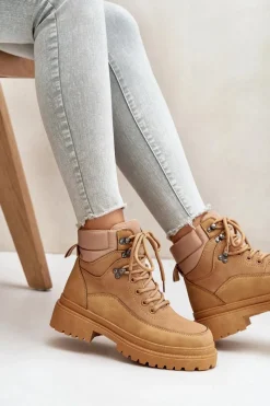 Boto Botki Trapery Damskie Sznurowane Camel Rabaria