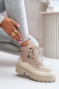 Damskie Trapery|Botki Sznurowane>Boto Botki Trapery Damskie Sznurowane Beżowe Rabaria