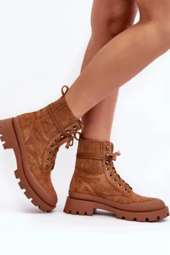 Outlet Boto Botki Trapery Damskie Sznurowane Camel Gordts Brązowy