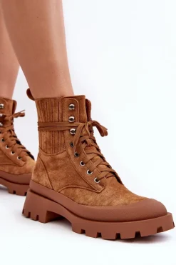 Outlet Boto Botki Trapery Damskie Sznurowane Camel Gordts Brązowy