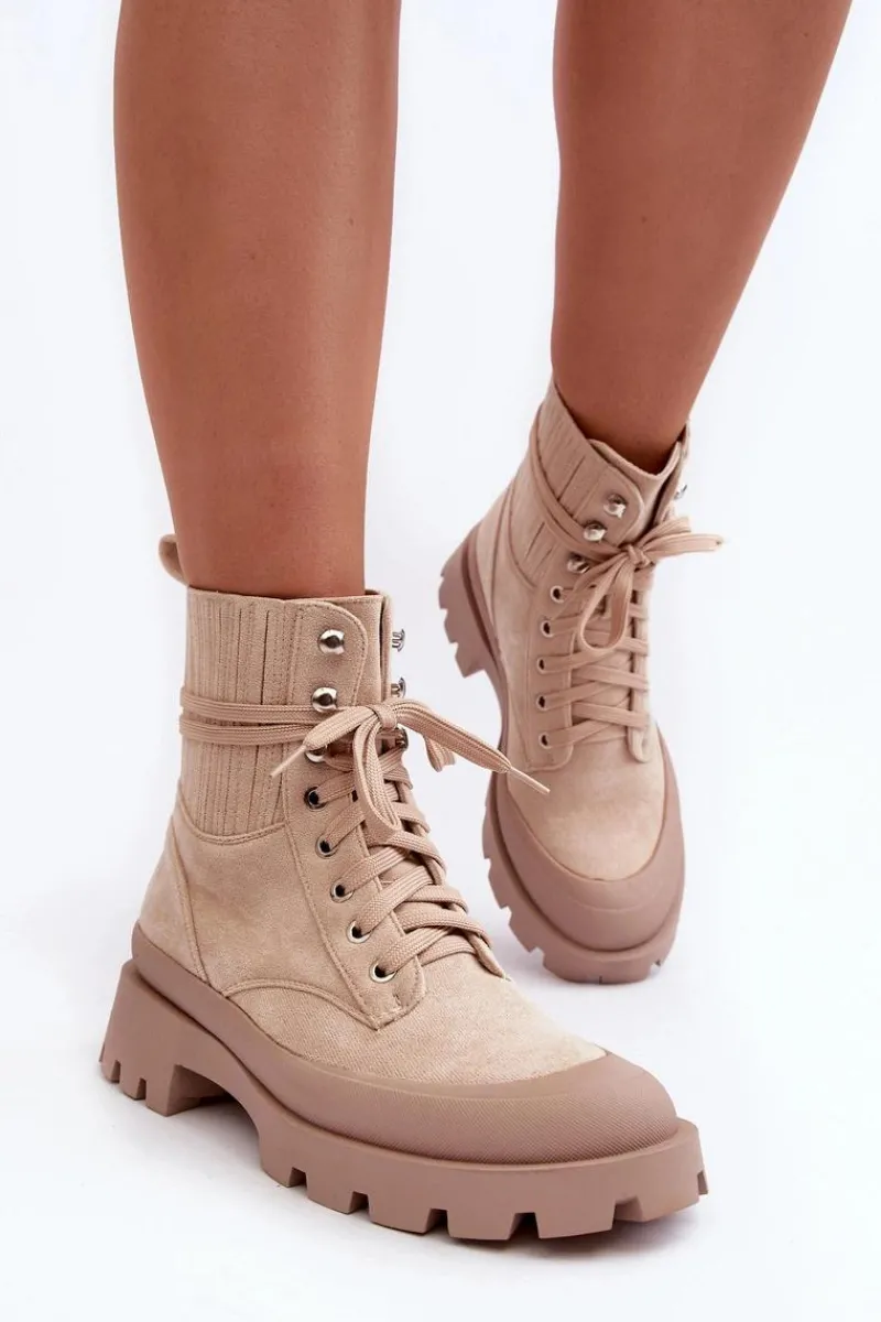 Damskie Trapery|Botki Sznurowane>Boto Botki Trapery Damskie Sznurowane Beżowe Gordts