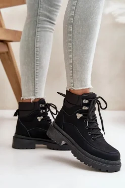 Hot Botki Trapery Damskie Sznurowane Czarne Rabaria Damskie Damskie Trapery|Botki Sznurowane