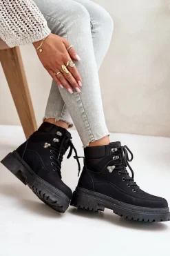 Hot Botki Trapery Damskie Sznurowane Czarne Rabaria Damskie Damskie Trapery|Botki Sznurowane