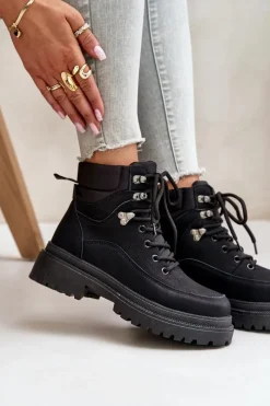 Hot Botki Trapery Damskie Sznurowane Czarne Rabaria Damskie Damskie Trapery|Botki Sznurowane