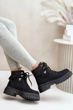 Hot Botki Trapery Damskie Sznurowane Czarne Rabaria Damskie Damskie Trapery|Botki Sznurowane