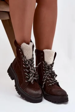 Clearance Botki Trapery Damskie Z Eko Skóry Czekoladowe Bellora Damskie Botki Ocieplane|Damskie Trapery