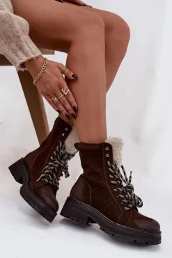 Clearance Botki Trapery Damskie Z Eko Skóry Czekoladowe Bellora Damskie Botki Ocieplane|Damskie Trapery