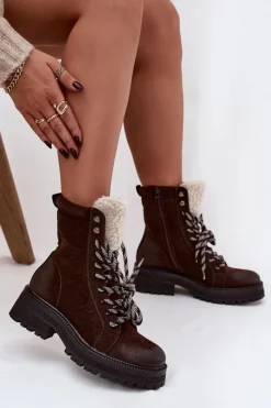 Clearance Botki Trapery Damskie Z Eko Skóry Czekoladowe Bellora Damskie Botki Ocieplane|Damskie Trapery