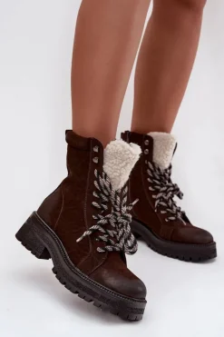 Clearance Botki Trapery Damskie Z Eko Skóry Czekoladowe Bellora Damskie Botki Ocieplane|Damskie Trapery