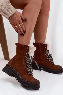 Botki Ocieplane|Damskie Trapery>Boto Botki Trapery Damskie Z Eko Skóry Camel Bellora Brązowy