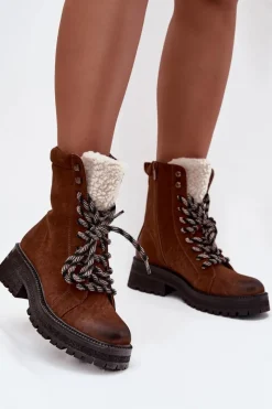 Botki Ocieplane|Damskie Trapery>Boto Botki Trapery Damskie Z Eko Skóry Camel Bellora Brązowy