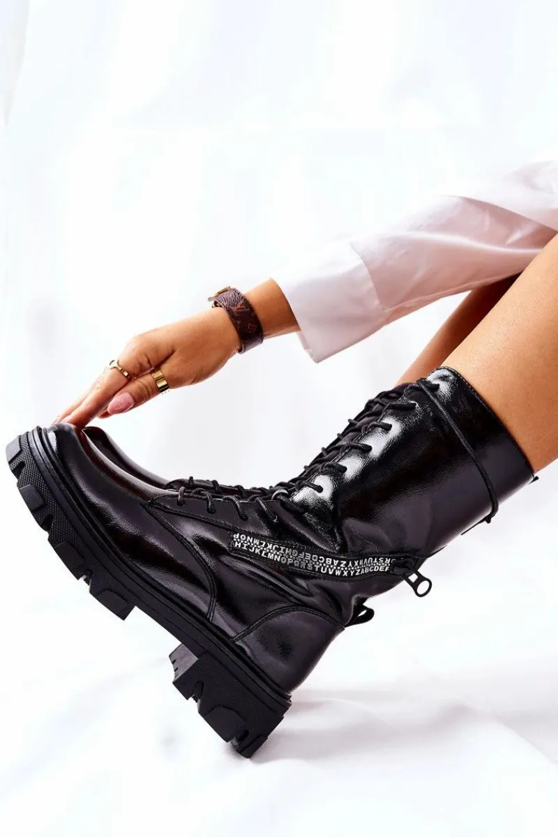 Damskie Trapery|Botki Sznurowane>Buty Sergio Leone Botki Trapery Glany Lakierowane Sergio Leone TR747 Czarne