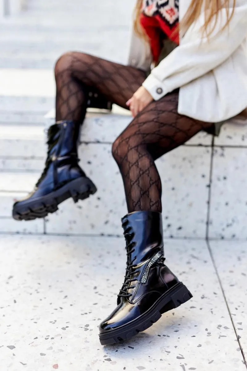 Damskie Trapery|Botki Sznurowane>Buty Sergio Leone Botki Trapery Glany Lakierowane Sergio Leone TR747 Czarne