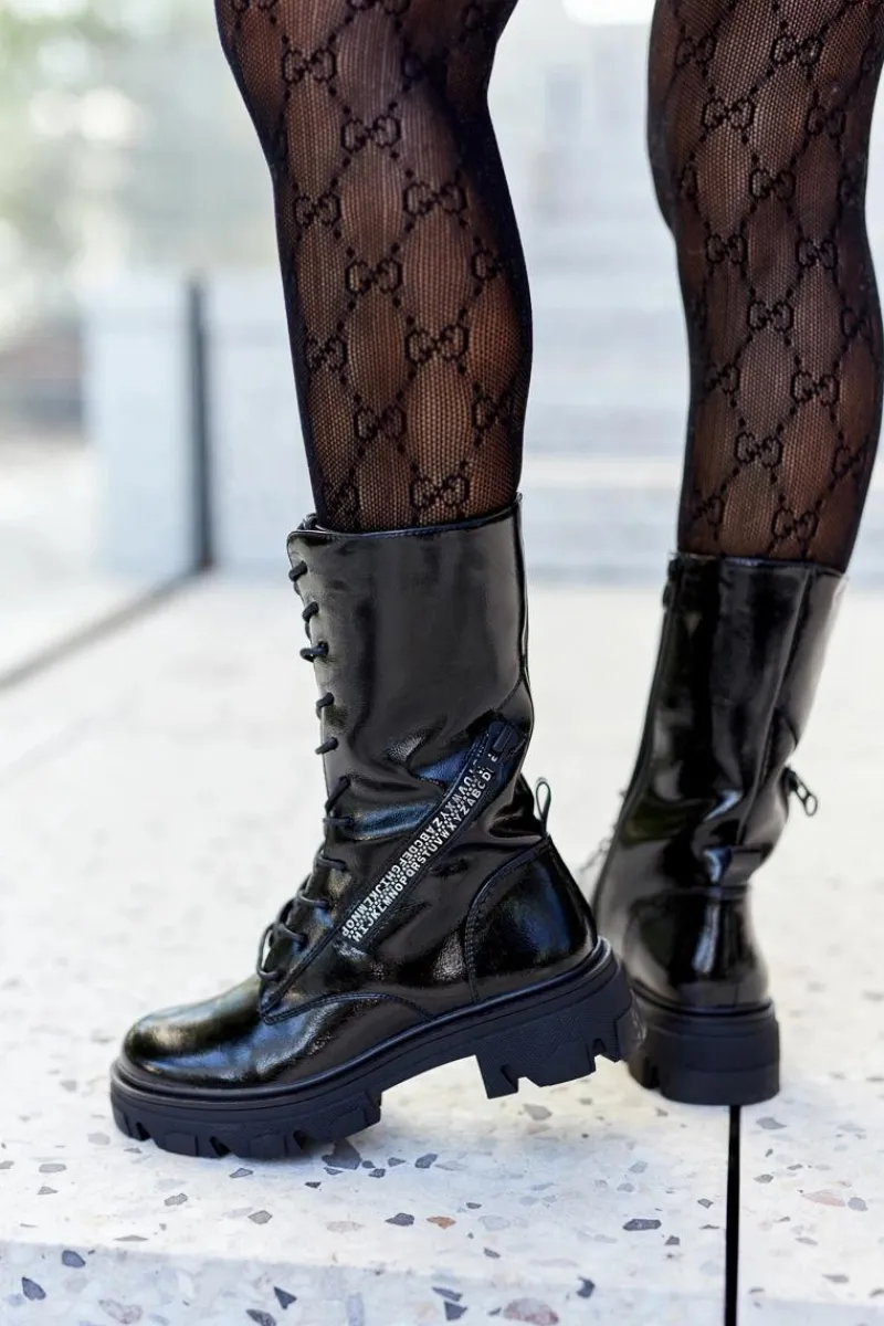 Damskie Trapery|Botki Sznurowane>Buty Sergio Leone Botki Trapery Glany Lakierowane Sergio Leone TR747 Czarne