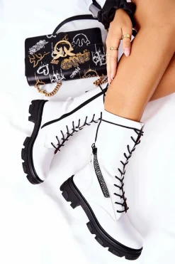 Discount Botki Trapery Glany Sergio Leone TR747 Białe Damskie Damskie Trapery|Botki Sznurowane