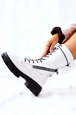 Discount Botki Trapery Glany Sergio Leone TR747 Białe Damskie Damskie Trapery|Botki Sznurowane