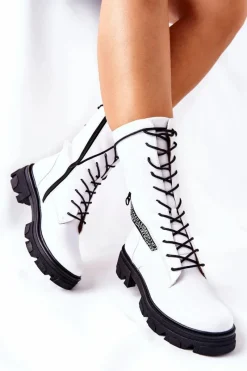 Discount Botki Trapery Glany Sergio Leone TR747 Białe Damskie Damskie Trapery|Botki Sznurowane