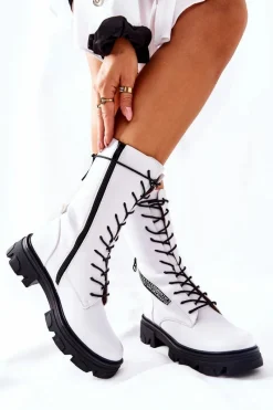 Discount Botki Trapery Glany Sergio Leone TR747 Białe Damskie Damskie Trapery|Botki Sznurowane