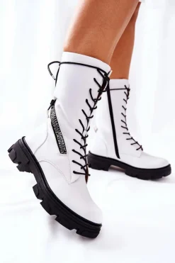Discount Botki Trapery Glany Sergio Leone TR747 Białe Damskie Damskie Trapery|Botki Sznurowane