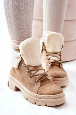 Boto Botki Trapery Ocieplane Wiązane Beżowe Karley