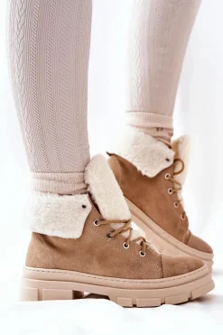Boto Botki Trapery Ocieplane Wiązane Beżowe Karley