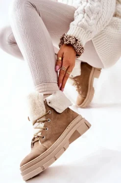 Boto Botki Trapery Ocieplane Wiązane Beżowe Karley