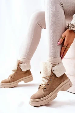 Boto Botki Trapery Ocieplane Wiązane Beżowe Karley