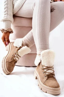 Boto Botki Trapery Ocieplane Wiązane Beżowe Karley