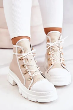 Botki Wiosenne|Damskie Trapery>Boto Botki Trapery Skórzane Beżowo-Białe Letty