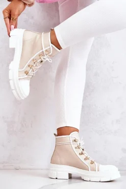 Botki Wiosenne|Damskie Trapery>Boto Botki Trapery Skórzane Beżowo-Białe Letty