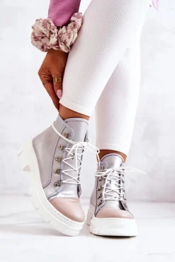 Clearance Botki Trapery Skórzane Srebrne Letty Damskie Botki Wiosenne|Damskie Trapery