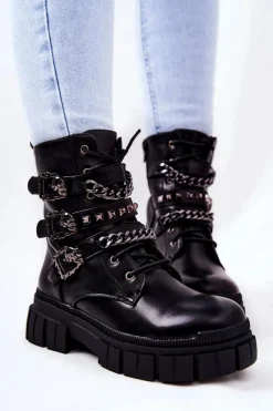 Outlet Botki Wiązane Łańcuch Sprzączka Czarne Reiloy Damskie Botki Sznurowane|Czarne Botki