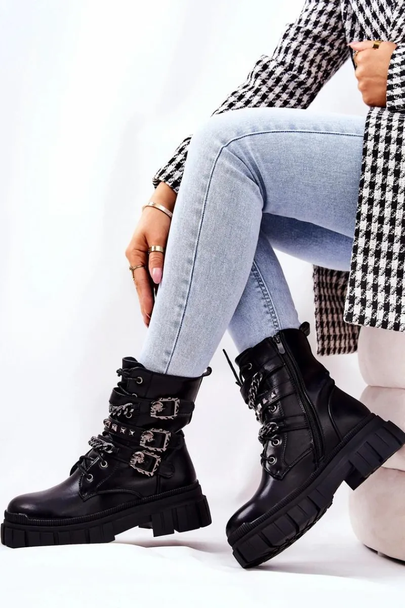 Outlet Botki Wiązane Łańcuch Sprzączka Czarne Reiloy Damskie Botki Sznurowane|Czarne Botki