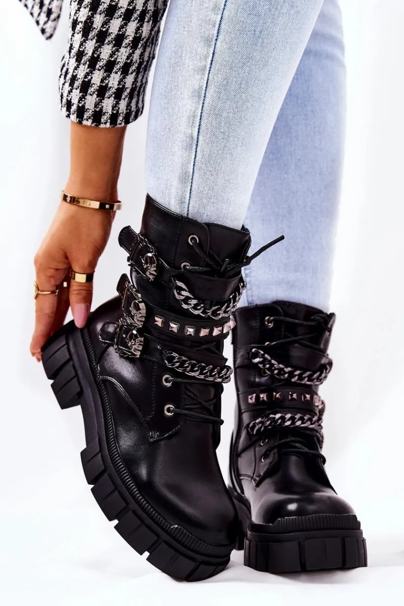 Outlet Botki Wiązane Łańcuch Sprzączka Czarne Reiloy Damskie Botki Sznurowane|Czarne Botki