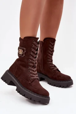 Online Botki Wokrery Damskie Z Ozdobnym Elementem Ocieplane Czekoladowe Kalindra Damskie Botki Sznurowane|Brązowe I Beżowe Botki