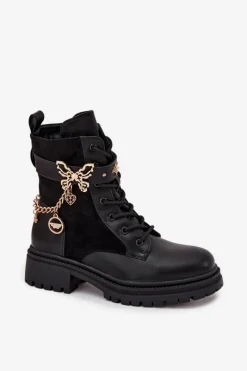Botki Ocieplane|Botki Sznurowane></noscript>Boto Botki Workery Damskie Ocieplane Ze Złotym Łańcuchem I Zawieszkami Czarne Ravine